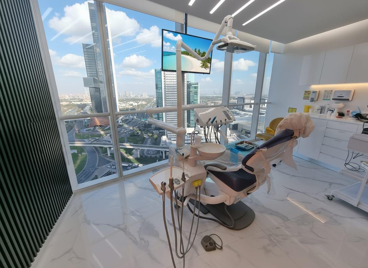 Paradise Dental modern clinic treatment suite on the 22nd Floor of Burj Al Salam with panoramic Dubai views
